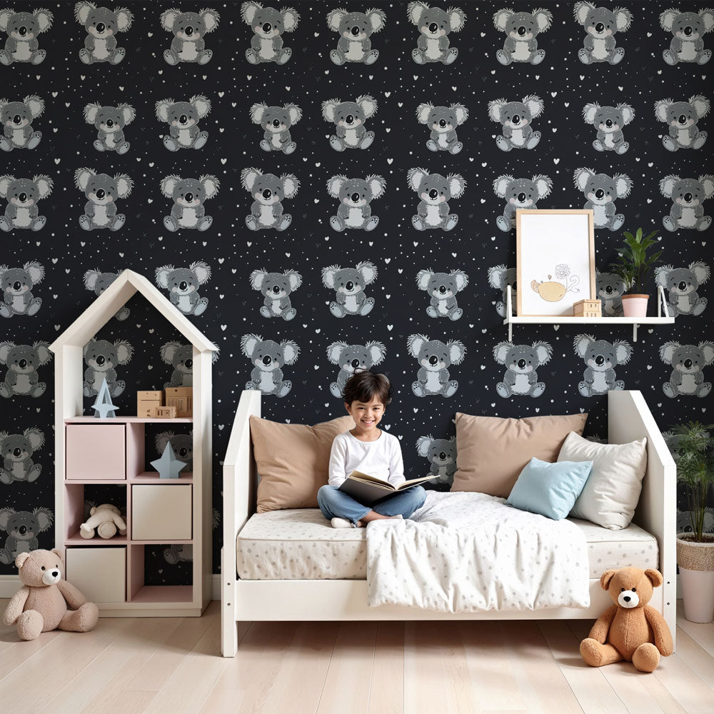 Black and white koala mural wallpaper decorating modern nursery room by Kids-Mundo
