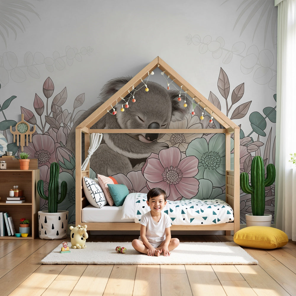 Koala mural wallpaper with sleeping animal among pastel flowers in modern nursery by Kids-Mundo