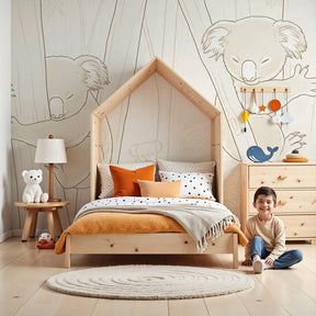Koala mural wallpaper in peaceful nursery with natural wood furniture by Kids-Mundo