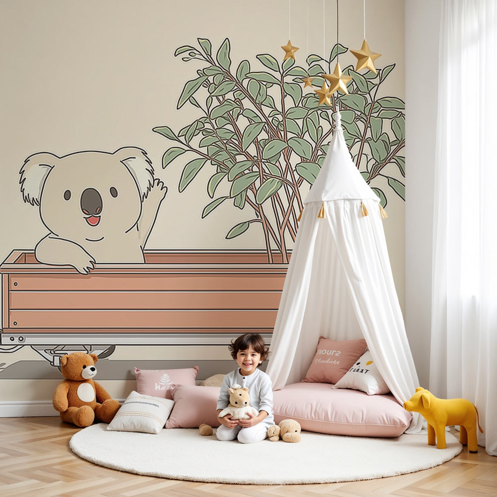 Koala mural wallpaper decorating modern nursery with wooden crib by Kids-Mundo