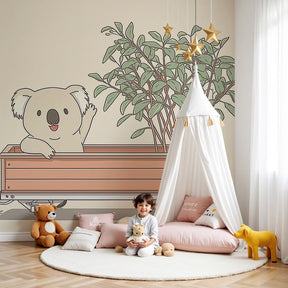 Koala mural wallpaper decorating modern nursery with wooden crib by Kids-Mundo