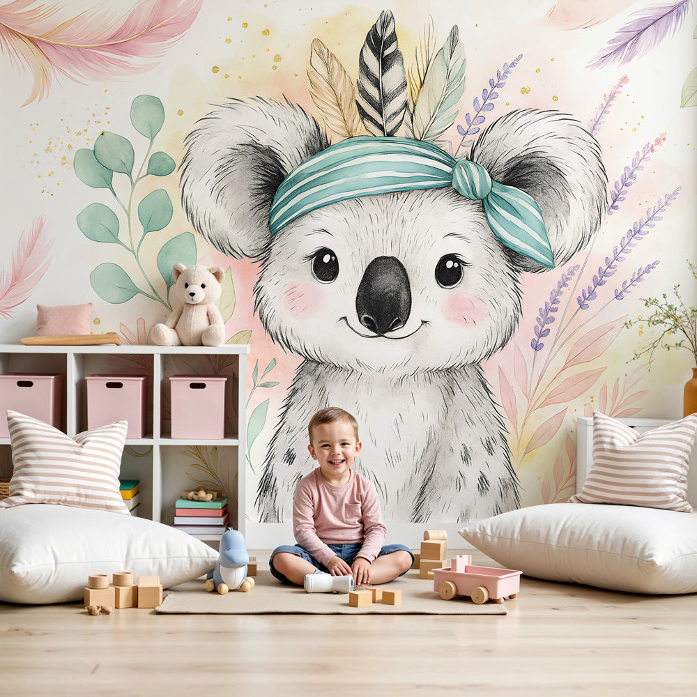 Cute koala mural wallpaper decorating modern nursery room with soft pastel colors by Kids-Mundo