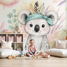Cute koala mural wallpaper decorating modern nursery room with soft pastel colors by Kids-Mundo