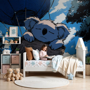 Koala air balloon mural wallpaper in modern baby nursery with natural wood furniture by Kids-Mundo