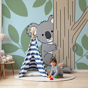 Koala mural wallpaper in modern nursery with natural wood crib by Kids-Mundo