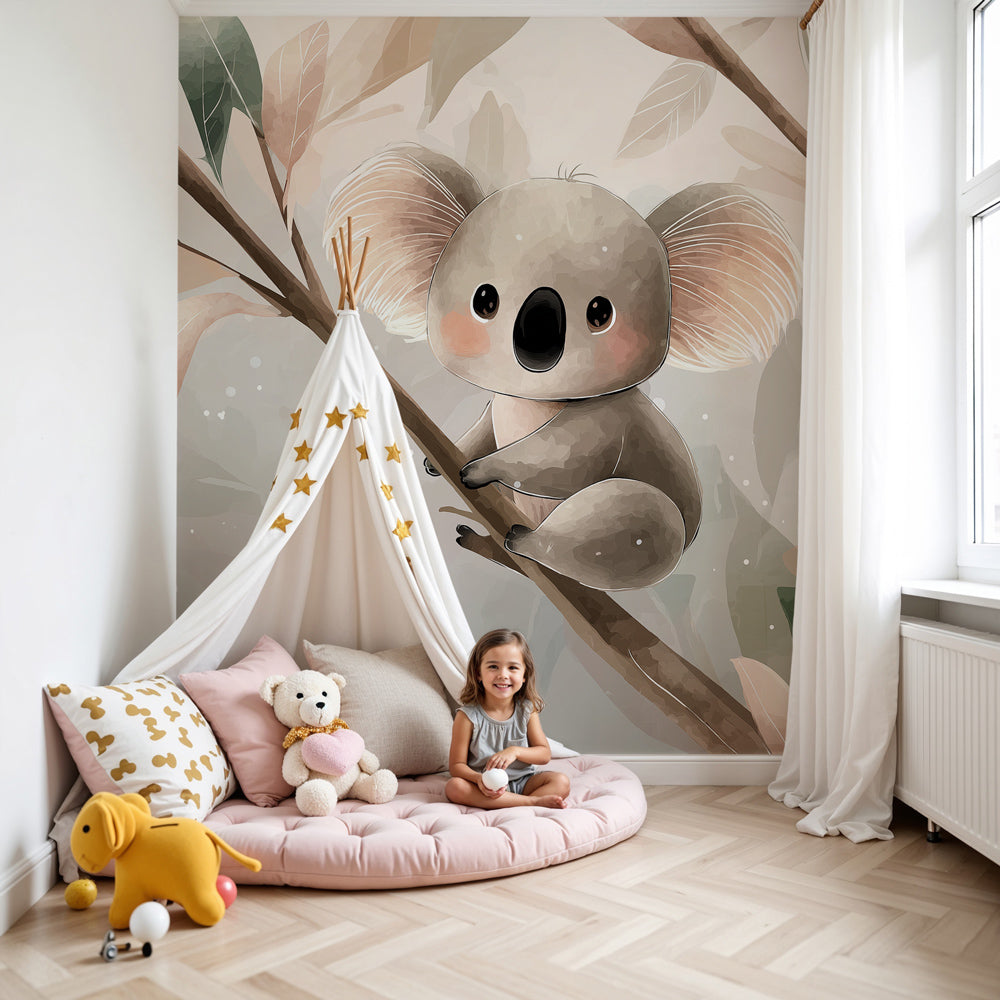 Koala mural wallpaper in modern nursery with natural wood furniture by Kids-Mundo