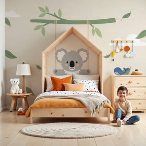 Koala swing mural wallpaper in modern baby nursery with cream and green tones by Kids-Mundo