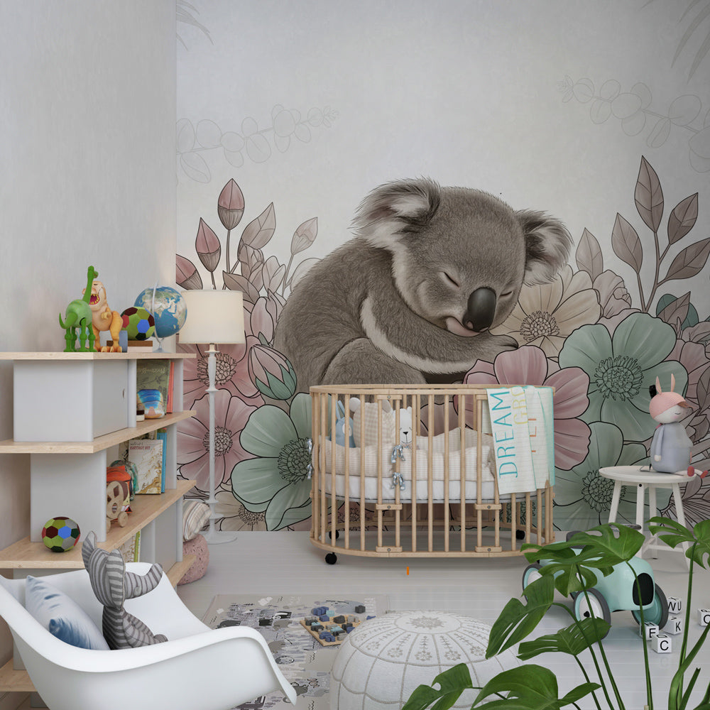 Sleeping koala animal wallpaper in soft pastels for calming kids room decor by Kids-Mundo