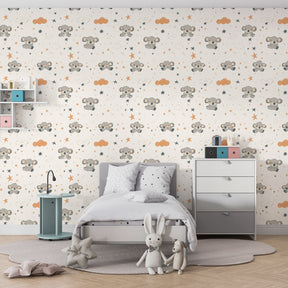 Adorable koala and stars mural wallpaper transforming kids playroom walls