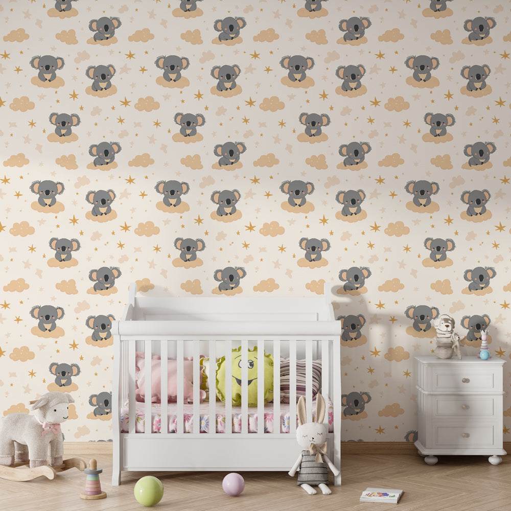 Beige koala mural wallpaper transforming kids playroom into dreamy sanctuary
