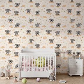 Beige koala mural wallpaper transforming kids playroom into dreamy sanctuary