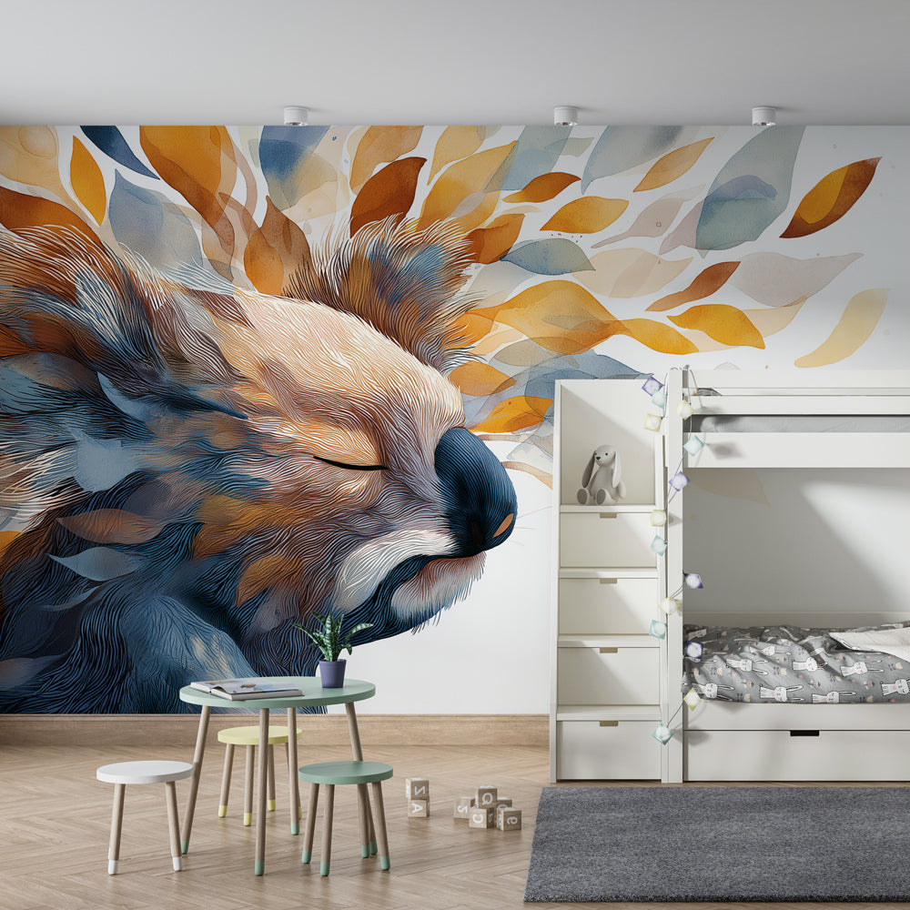 Adorable koala and leaves mural wallpaper transforming kids playroom into nature sanctuary
