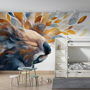 Adorable koala and leaves mural wallpaper transforming kids playroom into nature sanctuary