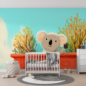 Colorful koala wallpaper transforming kids playroom with nature theme