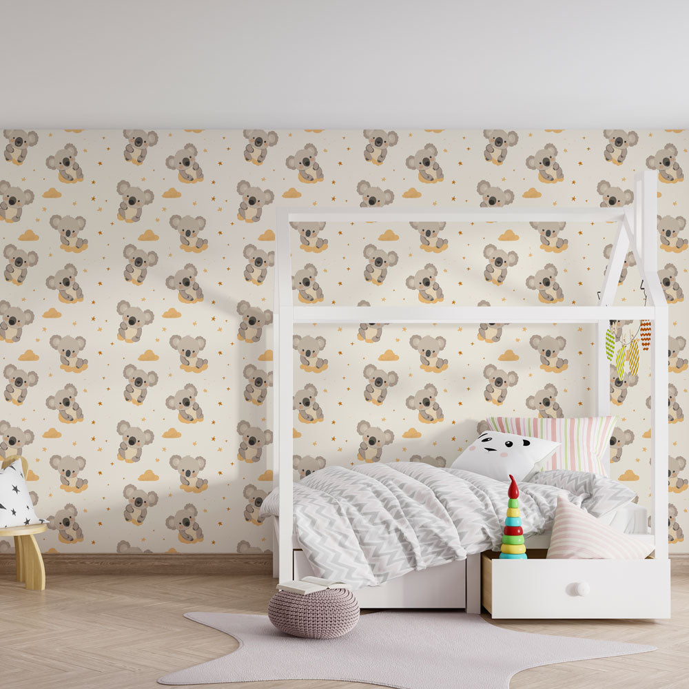Koala animal wallpaper creating cozy atmosphere in kids playroom setting