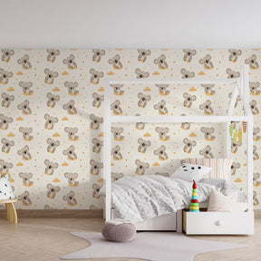 Koala animal wallpaper creating cozy atmosphere in kids playroom setting