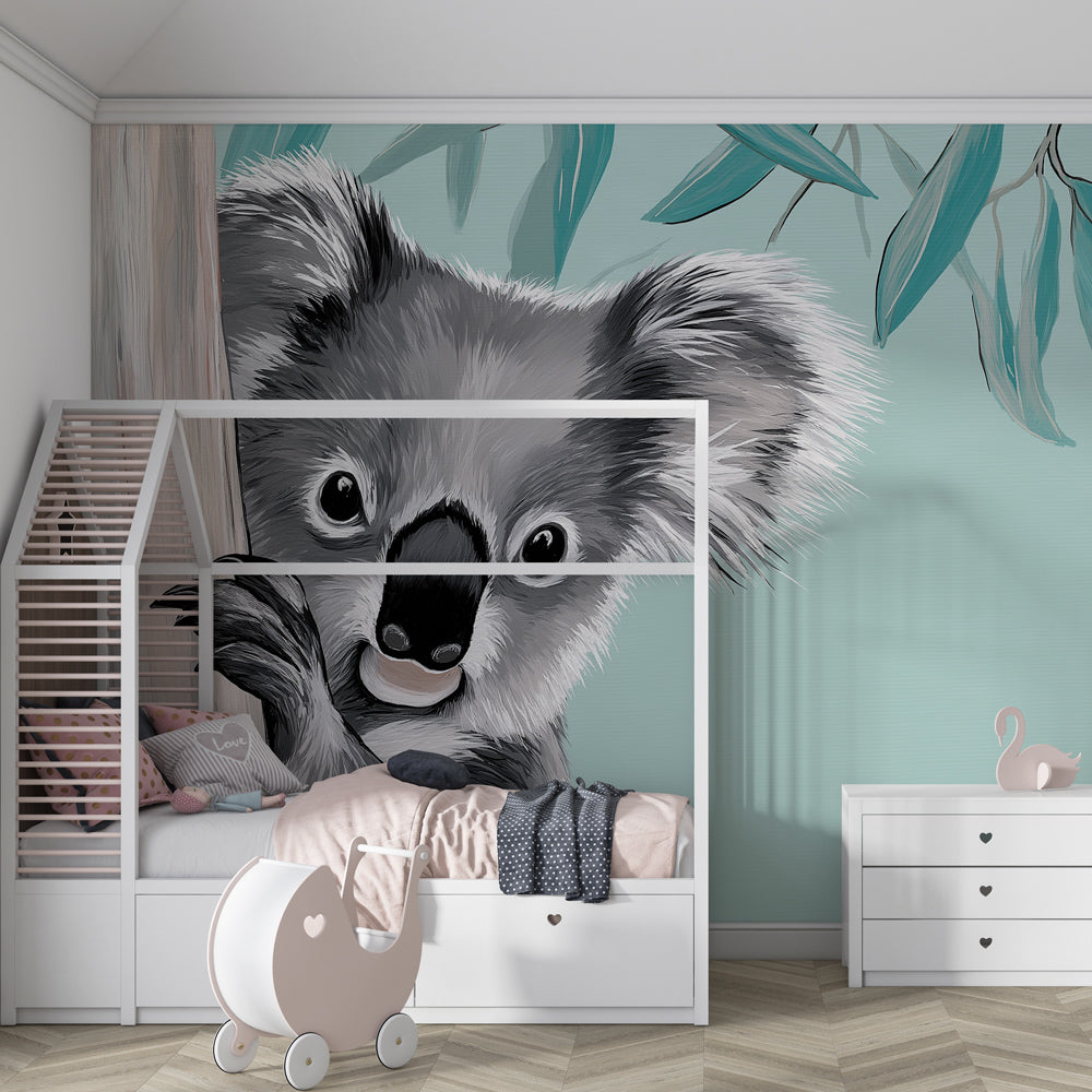 Adorable koala wallpaper with blue eucalyptus leaves for kids playroom by Kids-Mundo
