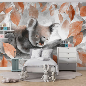 Australian koala themed mural wallpaper for kids playroom with soft orange and gray tones