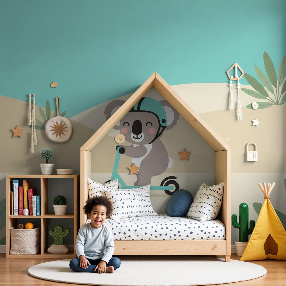 Koala scooter mural wallpaper decorating modern children's bedroom with soft blue and green tones by Kids-Mundo