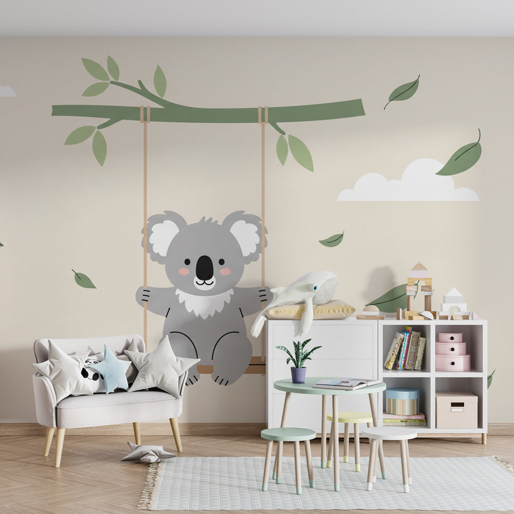 Animal themed koala wallpaper with swing design for cozy toddler room by Kids-Mundo