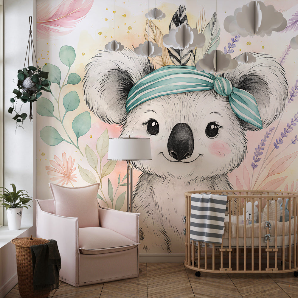 Charming koala wallpaper with delicate foliage transforming toddler room into dreamy space