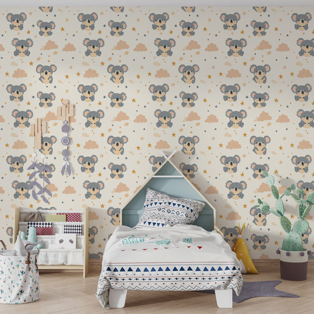 Gray and beige koala mural wallpaper transforming toddler room into dreamy sanctuary