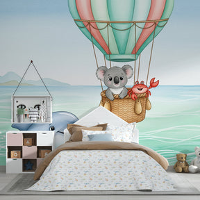 Koala hot air balloon wallpaper transforming colorful kids playroom by Kids-Mundo