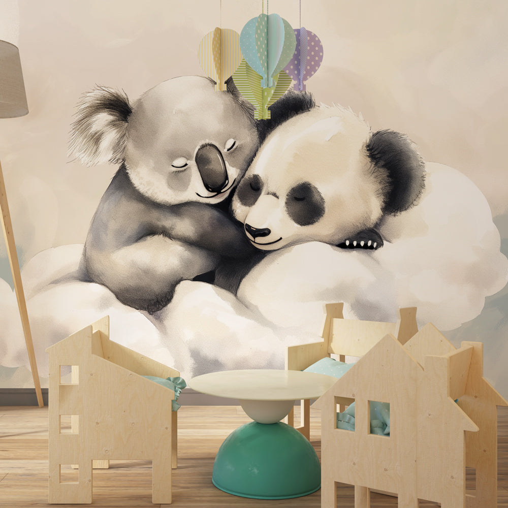 Animal-themed mural wallpaper creating cozy children's bedroom decor with cloud design