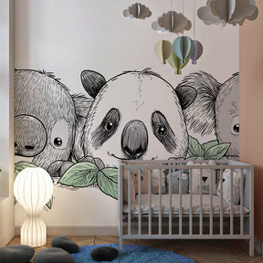 Animal mural wallpaper featuring koalas and panda in modern kids bedroom setting by Kids-Mundo