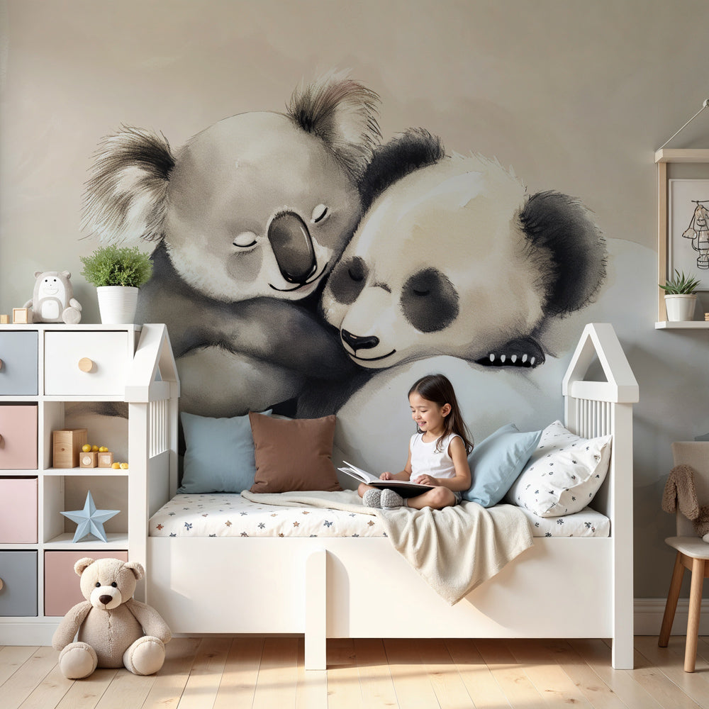 Koala panda cloud mural wallpaper in serene nursery setting by Kids-Mundo