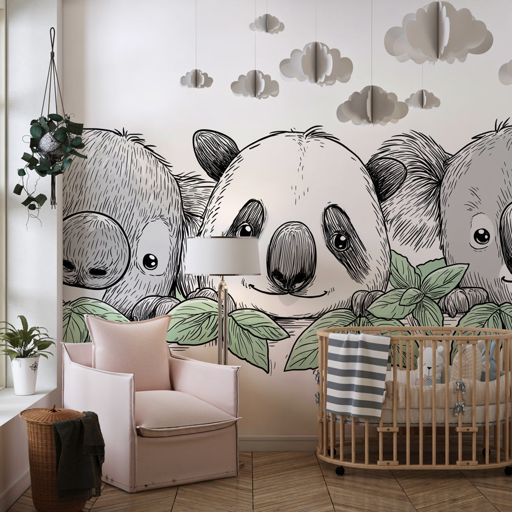 Nature-themed koala panda wallpaper transforming children's playroom with gentle animal friends