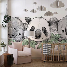 Nature-themed koala panda wallpaper transforming children's playroom with gentle animal friends