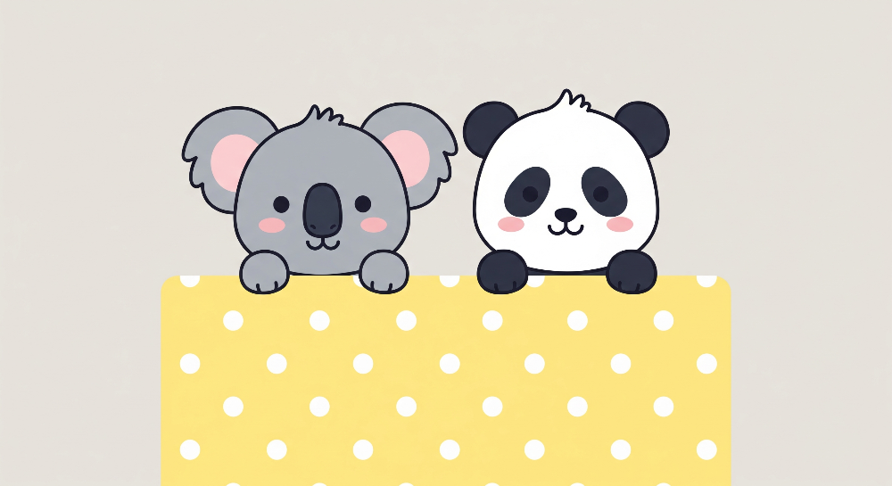 Kids-Mundo flat artwork of a koala and panda peeking over a yellow polka dot ledge
