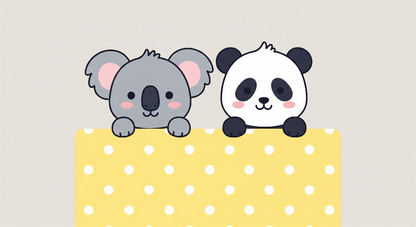 Kids-Mundo flat artwork of a koala and panda peeking over a yellow polka dot ledge