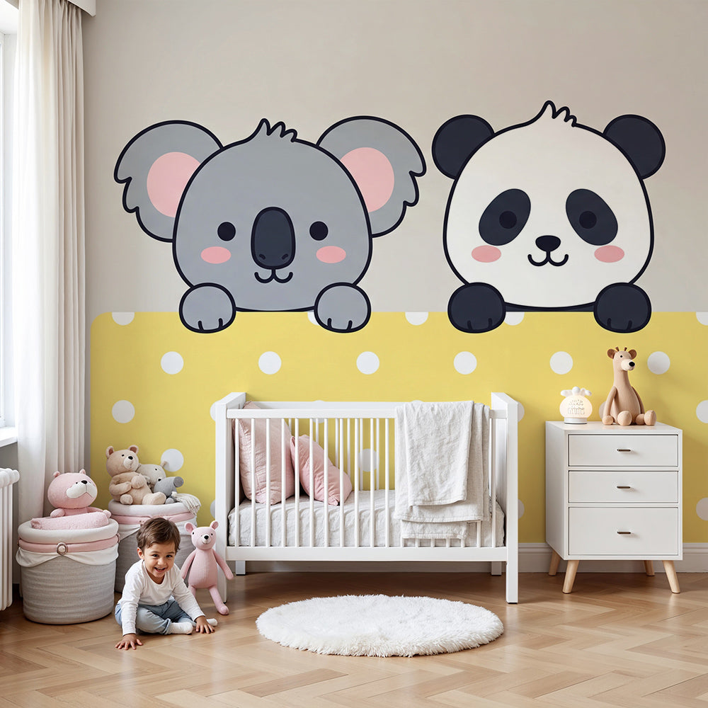 Kids-Mundo koala and panda wall mural on a yellow polka dot background in a nursery