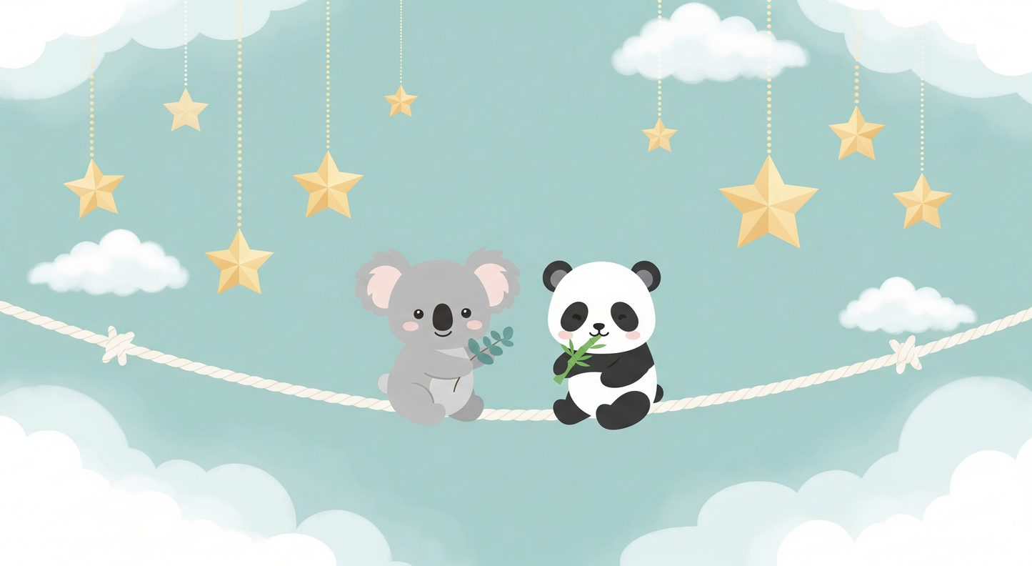 Kids-Mundo flat artwork of a koala and panda sitting together on a rope
