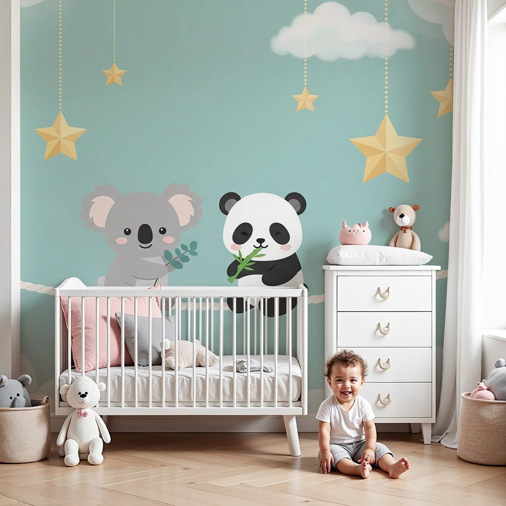 Kids-Mundo koala and panda wall mural styled in a calm teal nursery room