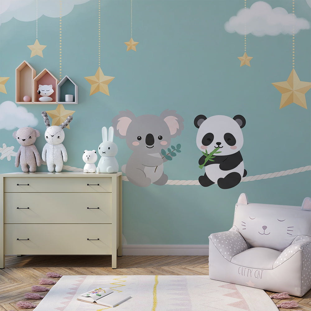 Kids-Mundo starry koala and panda wall mural brightening a gentle playroom