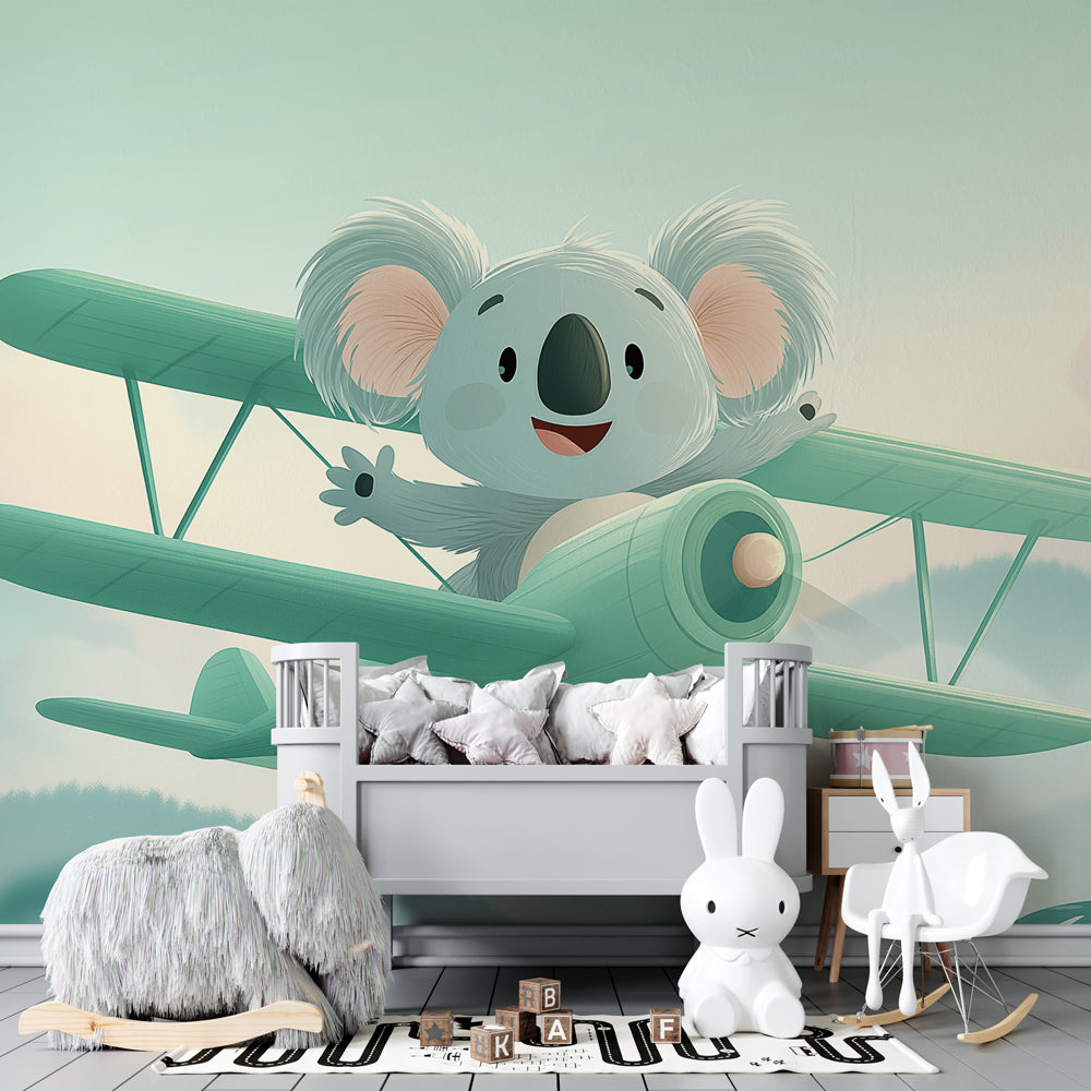 Koala aviation mural wallpaper creating whimsical sky adventure theme in children's bedroom