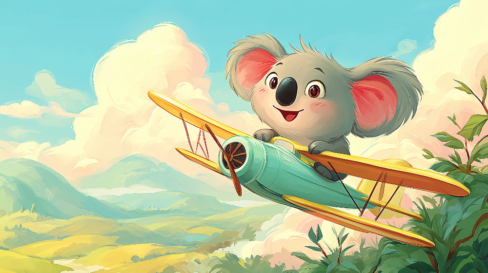 Detailed koala pilot flying adventure mural wallpaper design pattern with clouds and hills by Kids-Mundo