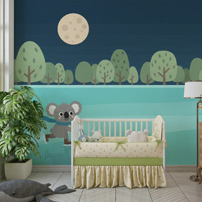 Moonlit koala skating wallpaper transforming toddler room into magical winter wonderland
