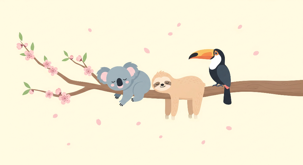Koala, Sloth and Toucan Cherry Blossom Wall Mural