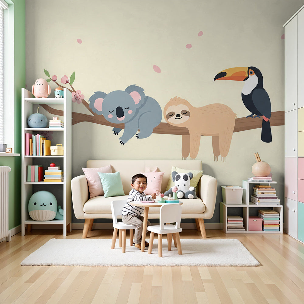 Kids-Mundo koala, sloth and toucan cherry blossom wall mural styled in a soft, calming nursery.