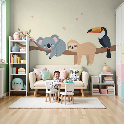 Kids-Mundo koala, sloth and toucan cherry blossom wall mural styled in a soft, calming nursery.