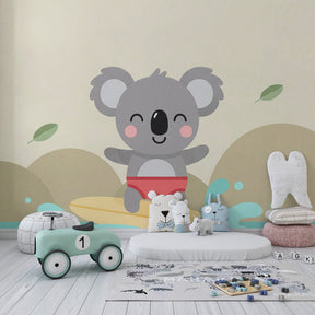 Pastel koala surfer mural wallpaper transforming baby nursery into dreamy beach scene