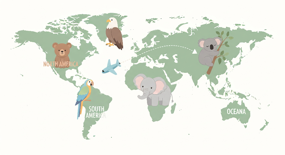 Flat artwork preview of the Kids-Mundo labelled world map mural with elephant and bear