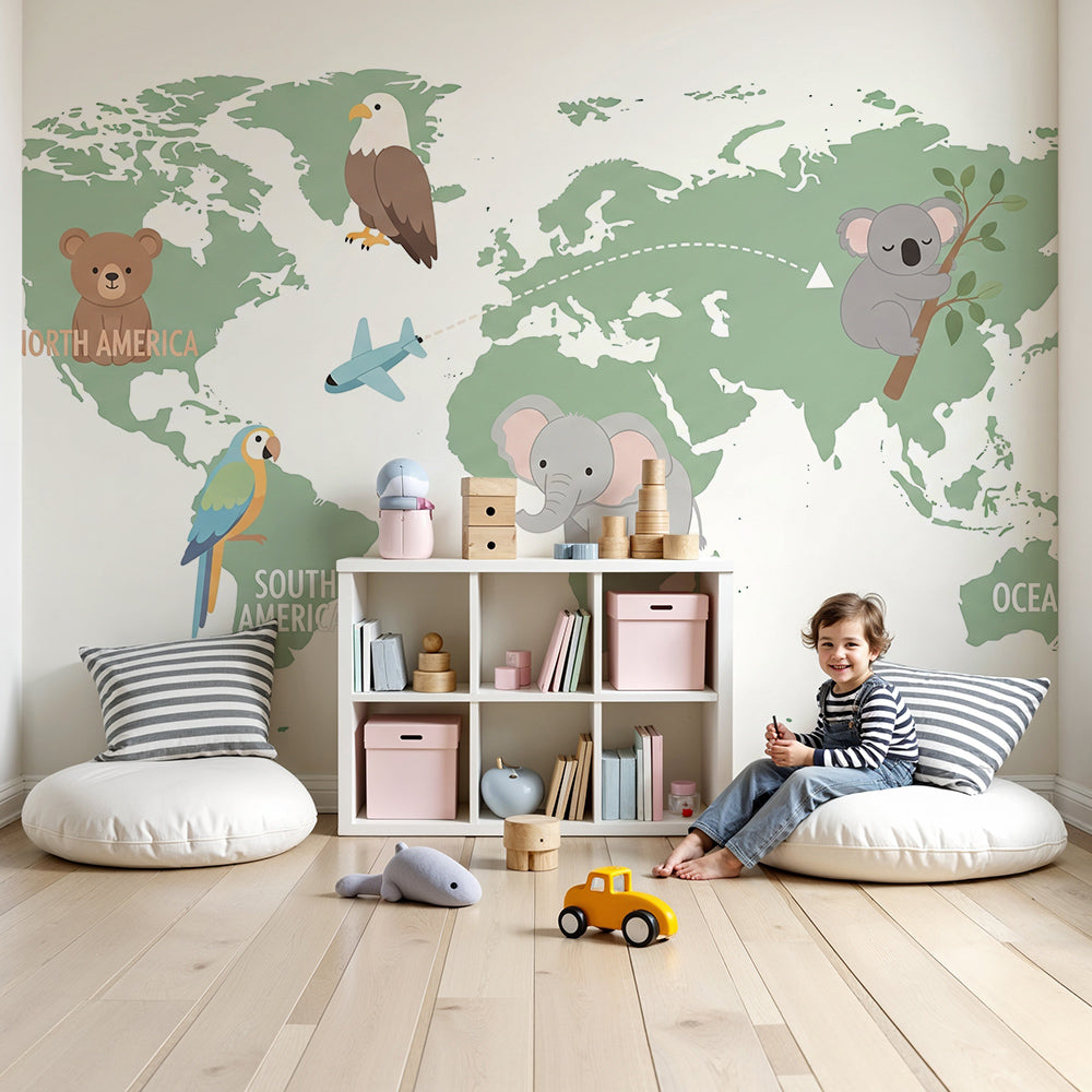 Labelled world map wall mural with elephant and koala painted in a Kids-Mundo nursery