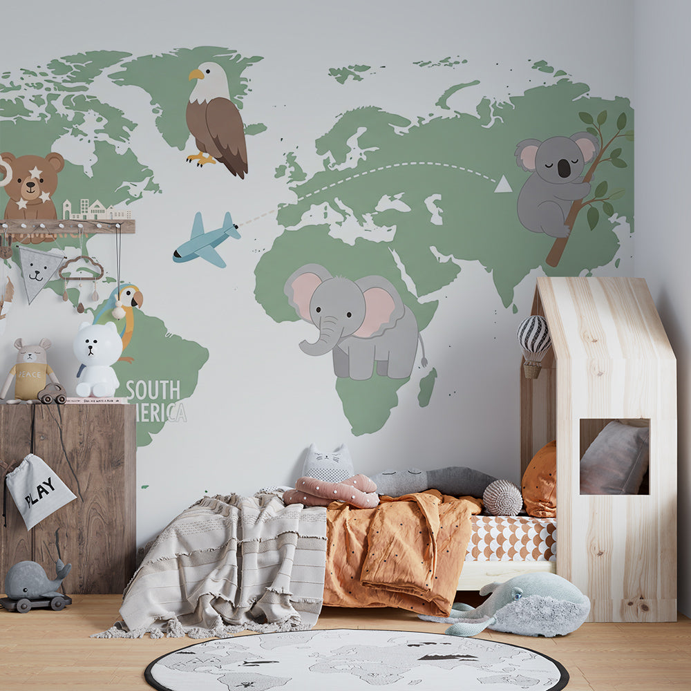 Playroom wall featuring the Kids-Mundo labelled world map mural with parrot and koala