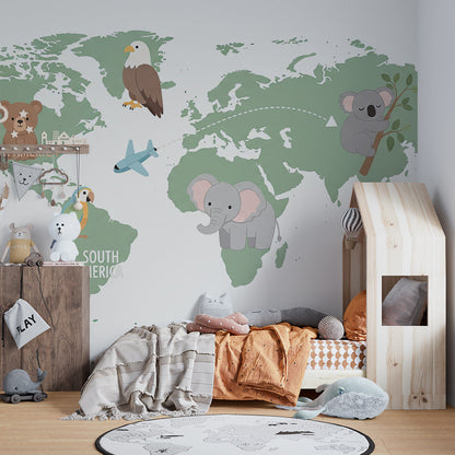 Playroom wall featuring the Kids-Mundo labelled world map mural with parrot and koala