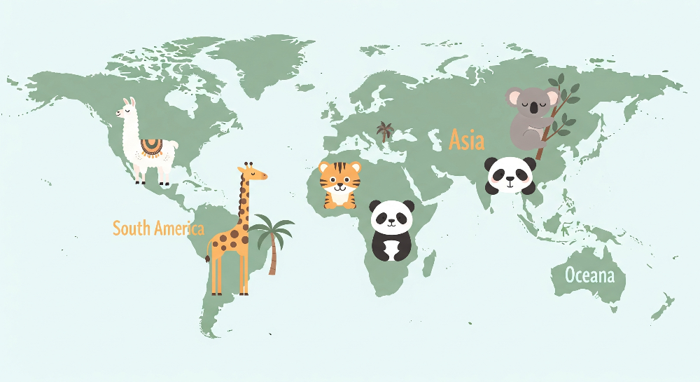 Kids-Mundo flat artwork of a labelled world map with a llama, giraffe, tiger, panda cub and koala